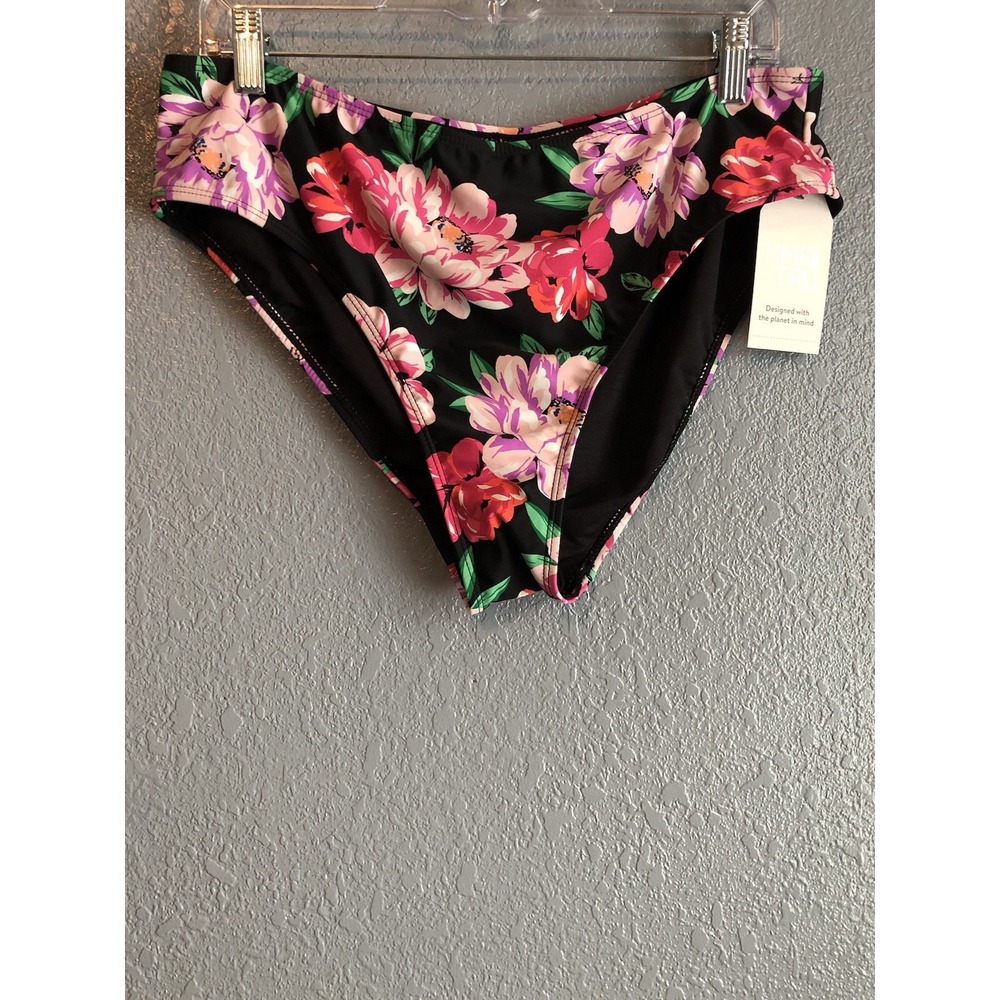 Time & Tru Fashion Swim Bottom Large Garden‎ Bloom Black Floral Bikini Fit